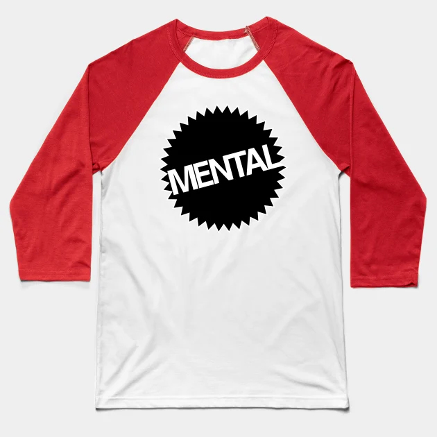 Black Starburst Mental Logo Toy Brand Parody Baseball T-Shirt white-red