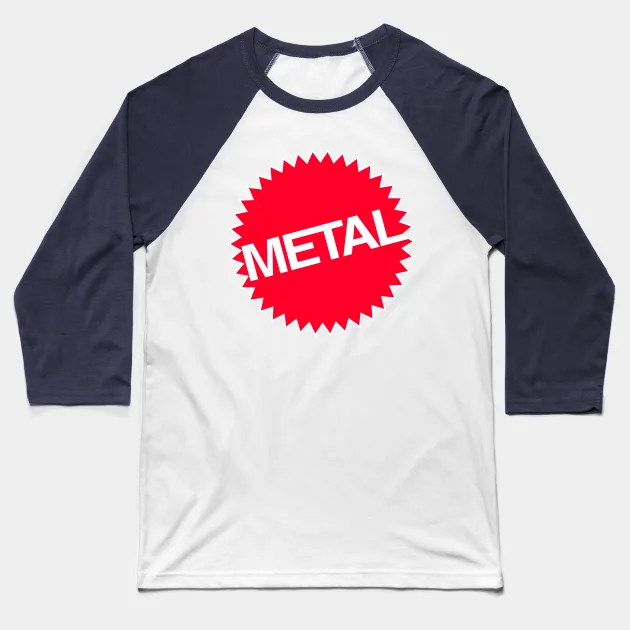 Red Starburst Metal Logo Toy Brand Parody Baseball T-Shirt white-dark blue